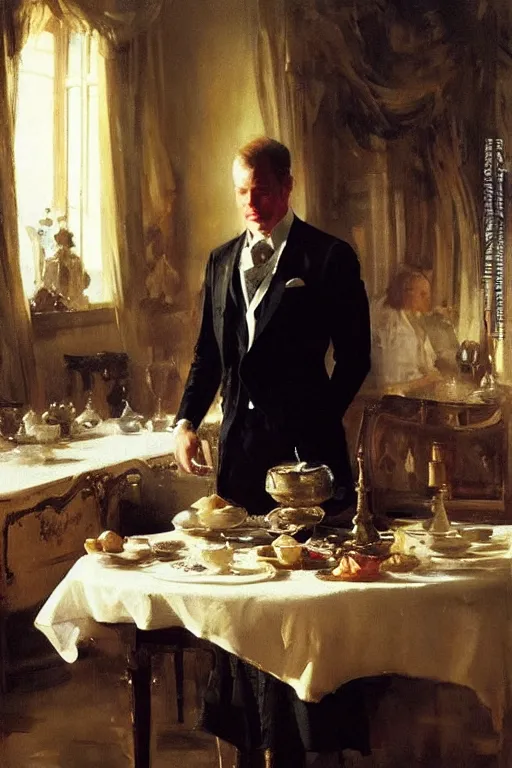 Image similar to portrait of a respectable dignified royal business elite politician standing on top of a finely set table calmly stepping in the food art by anders zorn, wonderful masterpiece by greg rutkowski, beautiful cinematic light, american romanticism by greg manchess, jessica rossier