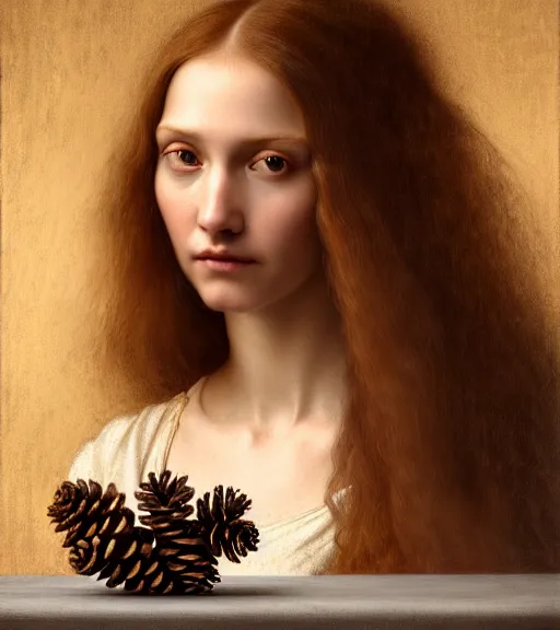 Image similar to portrait of a long - haired woman with a small pinecone sitting upon a table with heightened detail, poised, intense emotion, detailed facial expression, detailed surroundings, intricate, elegant, highly detailed, centered, digital painting, artstation, concept art, smooth, sharp focus, illustration, by ( leonardo da vinci ), wlop