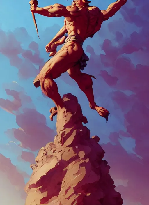 Prompt: statue of a victorious warrior raising his fisr to the sky, heroic, glorious, in the style of artgerm, gerald brom, atey ghailan and mike mignola, vibrant colors and hard shadows and strong rim light, plain background, comic cover art, trending on artstation