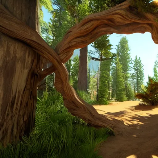 Image similar to A portal made out of twisted wood in the middle of a pine forest. The portal leads to a quiet, sandy beach. Unreal engine, photorealistic.