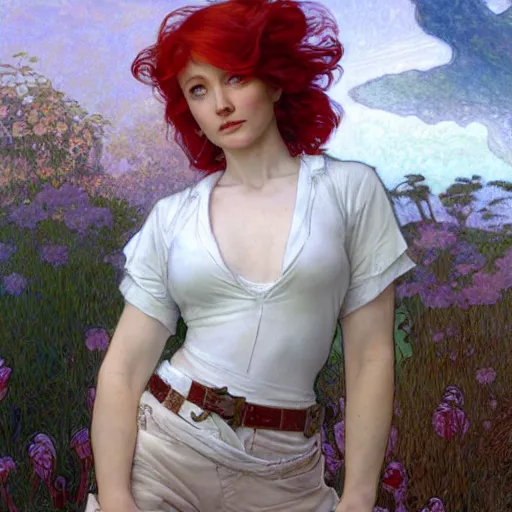 Prompt: A woman with red hair and long pixie haircut in shorts and white shirt drawn by Donato Giancola and Jon Foster, frank frazetta, alphonse mucha, background by James Jean and gustav klimt, 4k, volumetric lighting, french nouveau, trending on artstation, octane render, hyperrealistic