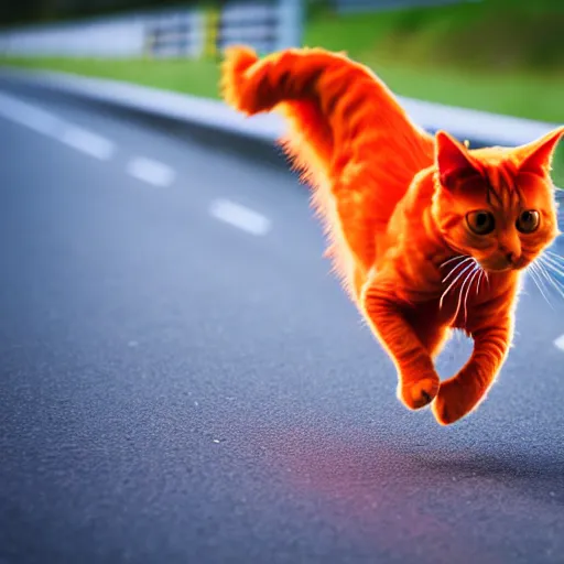 Image similar to a very fast orange cat flying through the road, high definition, beautiful award winning photography, 8 k.