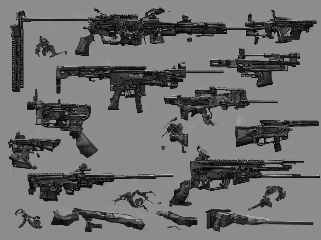 Prompt: photorealistic!! game asset reference of firearms, digital art, handguns, rifles, rocket launchers, rail - gun, highly detailed, anime mecha asthetic, sci fi, three - view reference sheet ( front / back / side ), in the style of adrien roose, viktor han, by brad allen, artstation, marmoset toolbag
