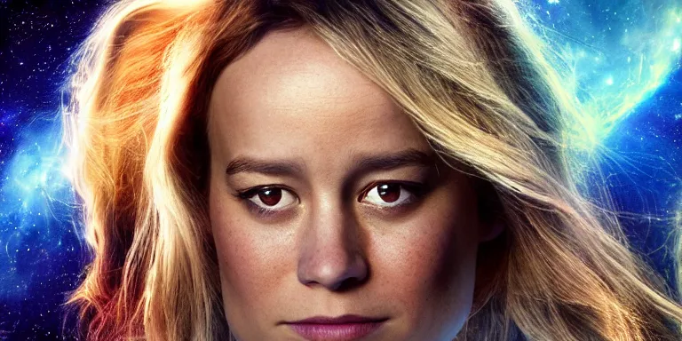 Prompt: film still of unrealistically curvy brie larson, focus on facial - detail!!!!!!, walking on the bifrost, toward an endless abyss in space, wearing a flowy bikini inspired by ancient roman clothing, beautiful astronomical background with galaxies and nebulas, lack of sunlight, 8 k resolution, cinematic lighting, anatomically correct, by christopher nolan