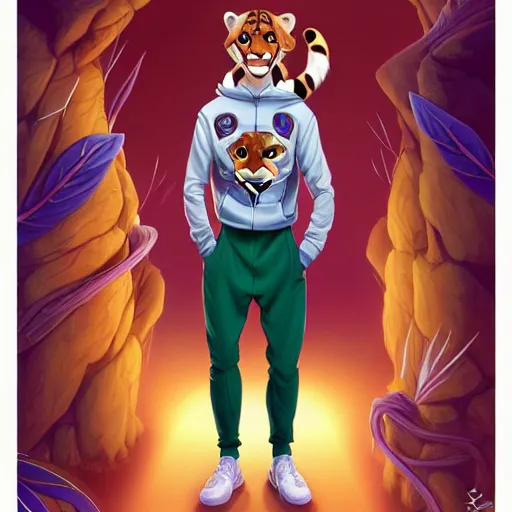 Prompt: don bluth, loish, artgerm, joshua middleton, anthropomorphic cheetah, wearing a track suit, smiling, symmetrical eyes, symmetrical face, colorful animation forest background