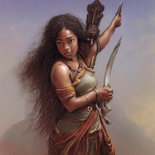 Image similar to artstation concept of a beautiful girl holding a sword in both hands, brown skin, sweaty skin, symmetrical face, casual white garment, brown canyon background, shiny colorful, hyperdetailed, artstation trending, world renowned artists, worth1000.com, historic artworks society, antique renewel, cgsociety, by greg rutkowski, by Gustave Dore, Deviantart