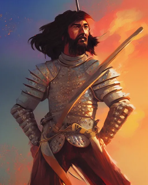 Image similar to digital illustration of a spanish conquistador in battle, art by anato finnstark and sangsoo jeong, treasure island movie color scheme, symmetric, facial features, portrait, handsome, digital painting, artstation