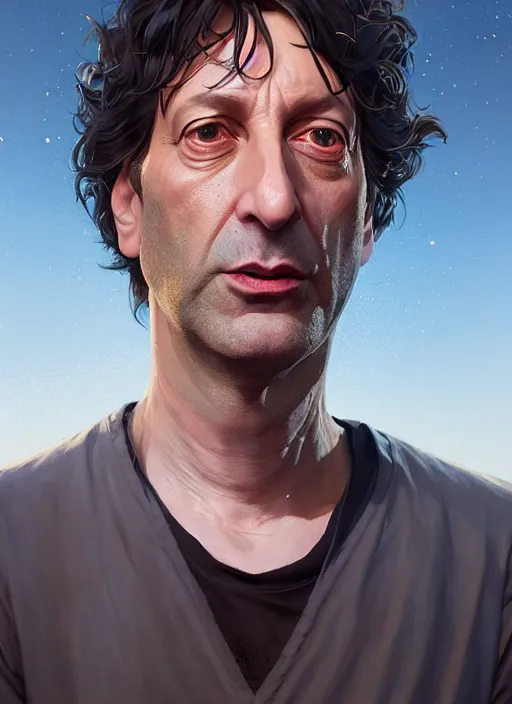 Image similar to highly detailed portrait of neil gaiman in gta v, stephen bliss, unreal engine, fantasy art by greg rutkowski, loish, rhads, ferdinand knab, makoto shinkai and lois van baarle, ilya kuvshinov, rossdraws, tom bagshaw, global illumination, radiant light, detailed and intricate environment