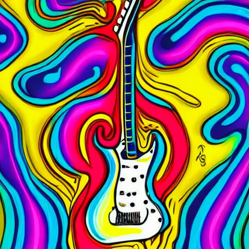 Image similar to psychedelic illustration of a guitar player melting on colors