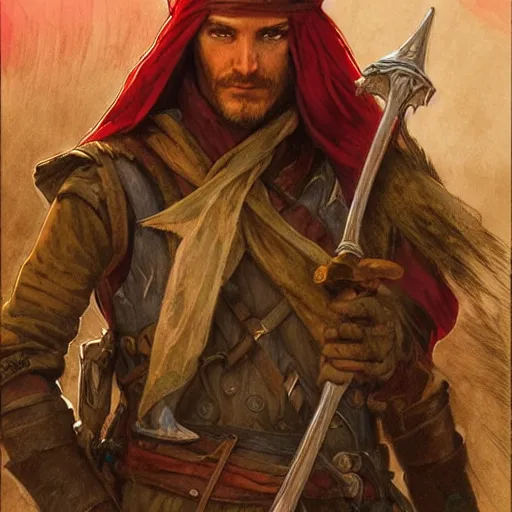 Image similar to ezra the elven desert bandit. Red turban. Epic portrait by james gurney and Alfonso mucha (lotr, witcher 3, dnd).