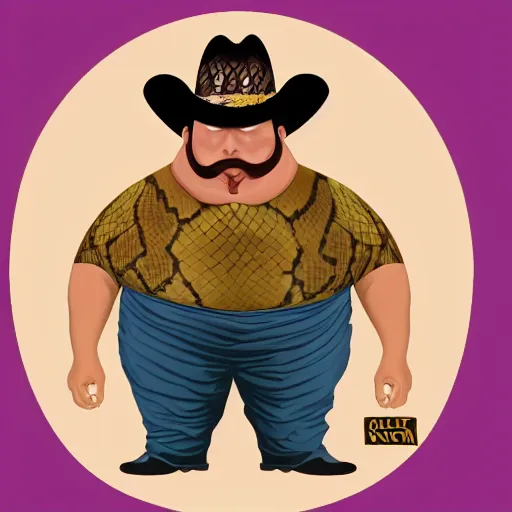 Image similar to hyperreal morbidly obese 2000kilo snake oil salesman wearing authentic purple green sip tech cowboy augmentation and curly snake moustache, fat man standing in front of blank background