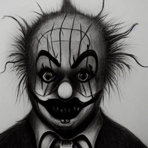 Prompt: charcoal drawing of a sad clown | horror themed | creepy