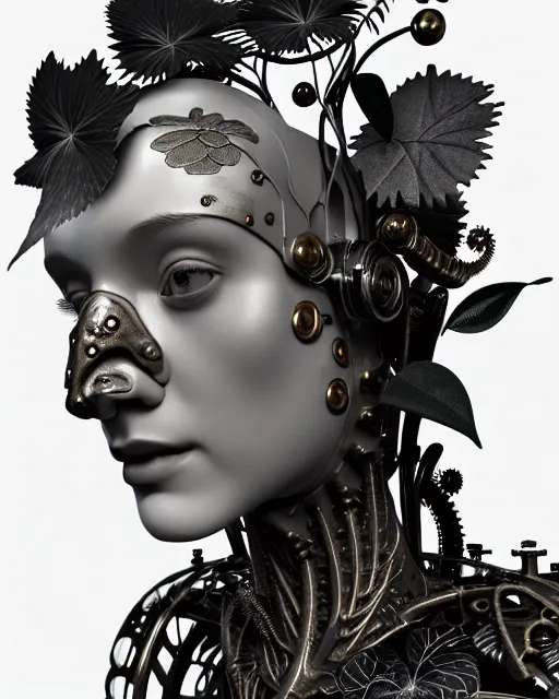Image similar to monochrome 3 d model, 1 9 4 0 picture, floral metal steampunk biomechanical beautiful young female cyborg with porcelain profile face and a techno eye, volumetric light, leaves foliage and stems, hibiscus flowers, sinuous fine roots, fine foliage lace, alexander mcqueen, rim light, big gothic fashion pearl embroidered collar, octane render, 8 k