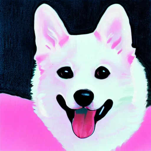 Prompt: happy corgi, pastel pink background, art by typh