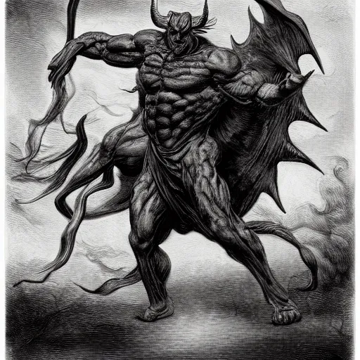 Image similar to full body, grayscale, Gustave Dore, muscled humanoid balrog beast, horns, heroic pose, swirling flames