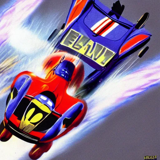 Prompt: captain falcon jumping out of racecar by michael bay, fzero, realistic