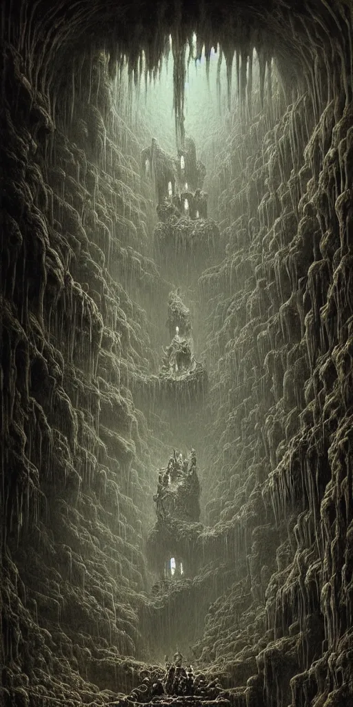 Image similar to a dungeons and dragons party inside an enormous cavern of skulls, by zdzislaw beksinski, by gustave dore, by peter mohrbacher, horror, dystopian architecture, biomorphic, lovecraftian, amazing details, vivid colors, detailed, epic, waterfall
