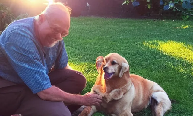 Prompt: My dad Steven just took a hit from the bongo and have good time being gracefully relaxed in the garden, sunset lighting. My second name is Carell. My dad second name is Carell. Im the dog