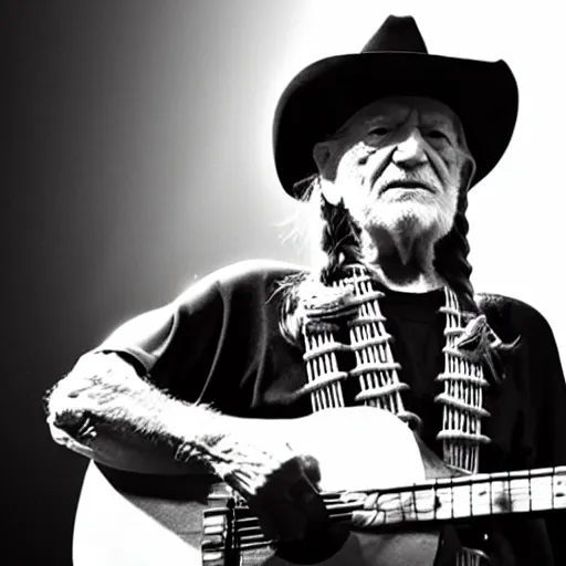 Image similar to willie nelson on stage, four fingers holding guitar. god rays through fog. black and white photo