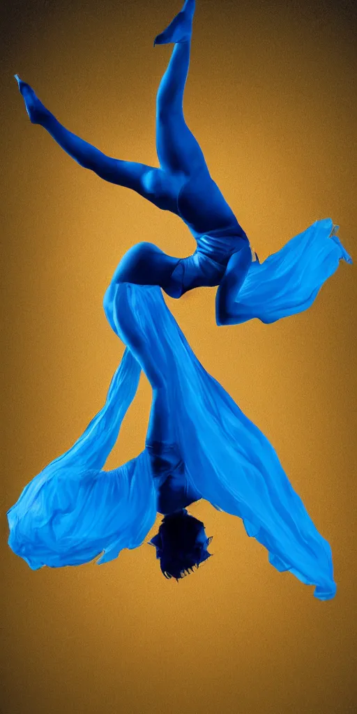 Image similar to painting of a short hair blond girl doing Aerial dance, blue cloth, cosmic, 8k, volumetric light