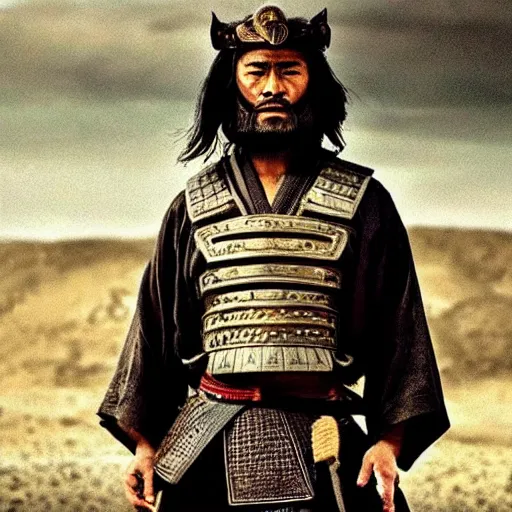 Image similar to handsome and strong kurdish!!!! samurai in a movie directed by christopher nolan, movie still frame, promotional image, imax 7 0 mm footage, perfect symmetrical facial features