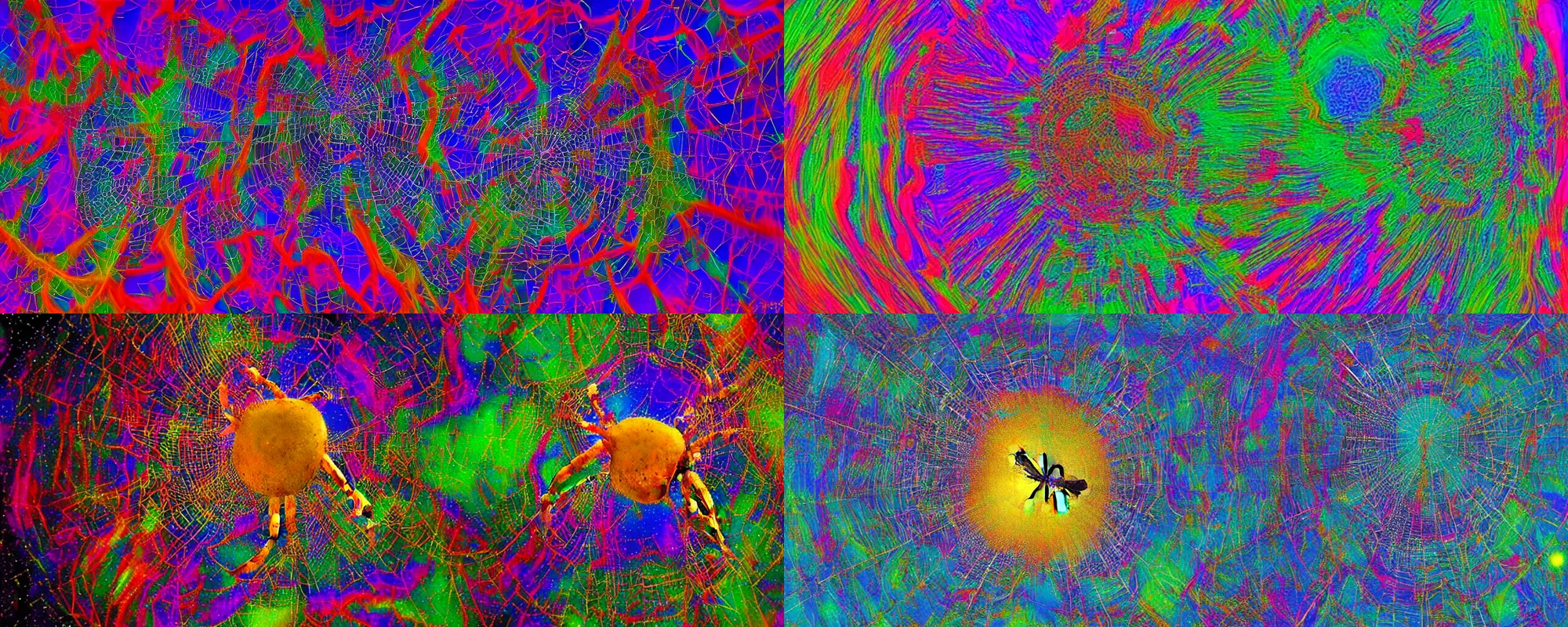 Prompt: a spider spinning the membrane of the universe, hyper realistic, psychedelic colors