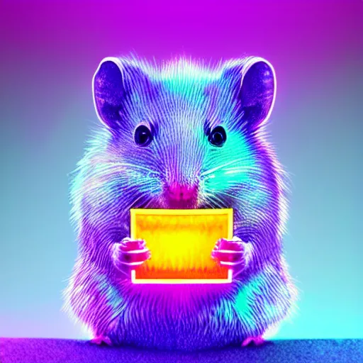 Image similar to cyberpunk hamster! holding rainbow! gem! crystal, neon lights, light reflection, 8 k, hd