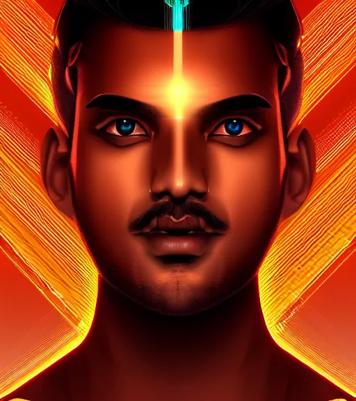 Image similar to symmetry!! indian prince of technology, solid cube of light, hard edges, product render retro - futuristic poster scifi, lasers and neon circuits, brown skin handsome indian prince, intricate, elegant, highly detailed, digital painting, artstation, concept art, smooth, sharp focus, illustration, dreamlike, art by artgerm