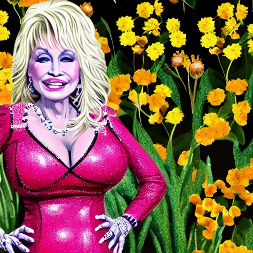 Prompt: Dolly Parton surrounded by flowers in the style of Wes Wilson