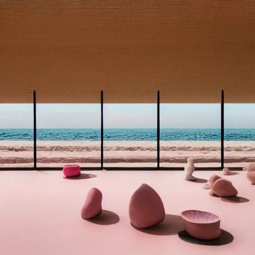 Image similar to An ultra high definition, professional photograph of a partial IKEA showroom inspired sculpture located on a pastel pink beach ((with pastel pink, dimpled sand where every item is pastel pink. The sun can be seen rising through a window in the showroom.)) The showroom unit is outdoors and the floor is made of dimpled sand. Morning time indirect lighting with on location production lighting on the showroom. In the style of wallpaper magazine, Wes Anderson.