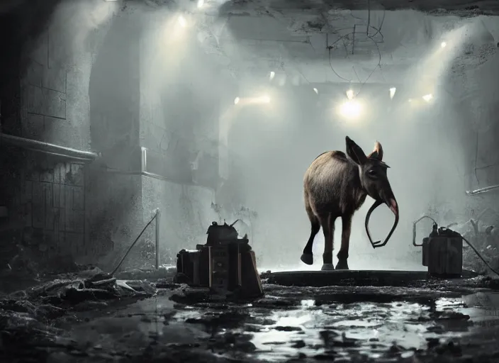 Prompt: uhd photorealisitc nazi donkey holding a press conference in a sewer. a hanging elephant with orange hair is being hanged in the distance. dark, concept art, cinematic, dramatic, atmospheric, 8 k, trending on artstation, low visibility, fog, christopher nolan, interstellar