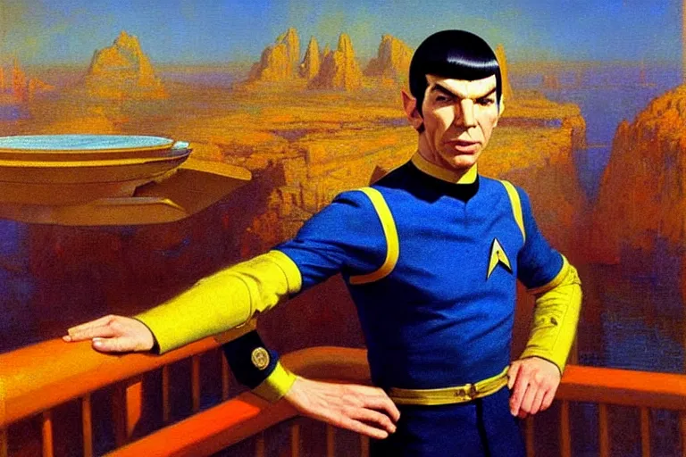 Image similar to young spock ( leonard nimoy ), the vulcan officer from star trek, in his blue and gold uniform, standing on the bridge of the enterprise. oil painting in the style of edward hopper and ilya repin gaston bussiere, craig mullins. warm colors. detailed and hyperrealistic.