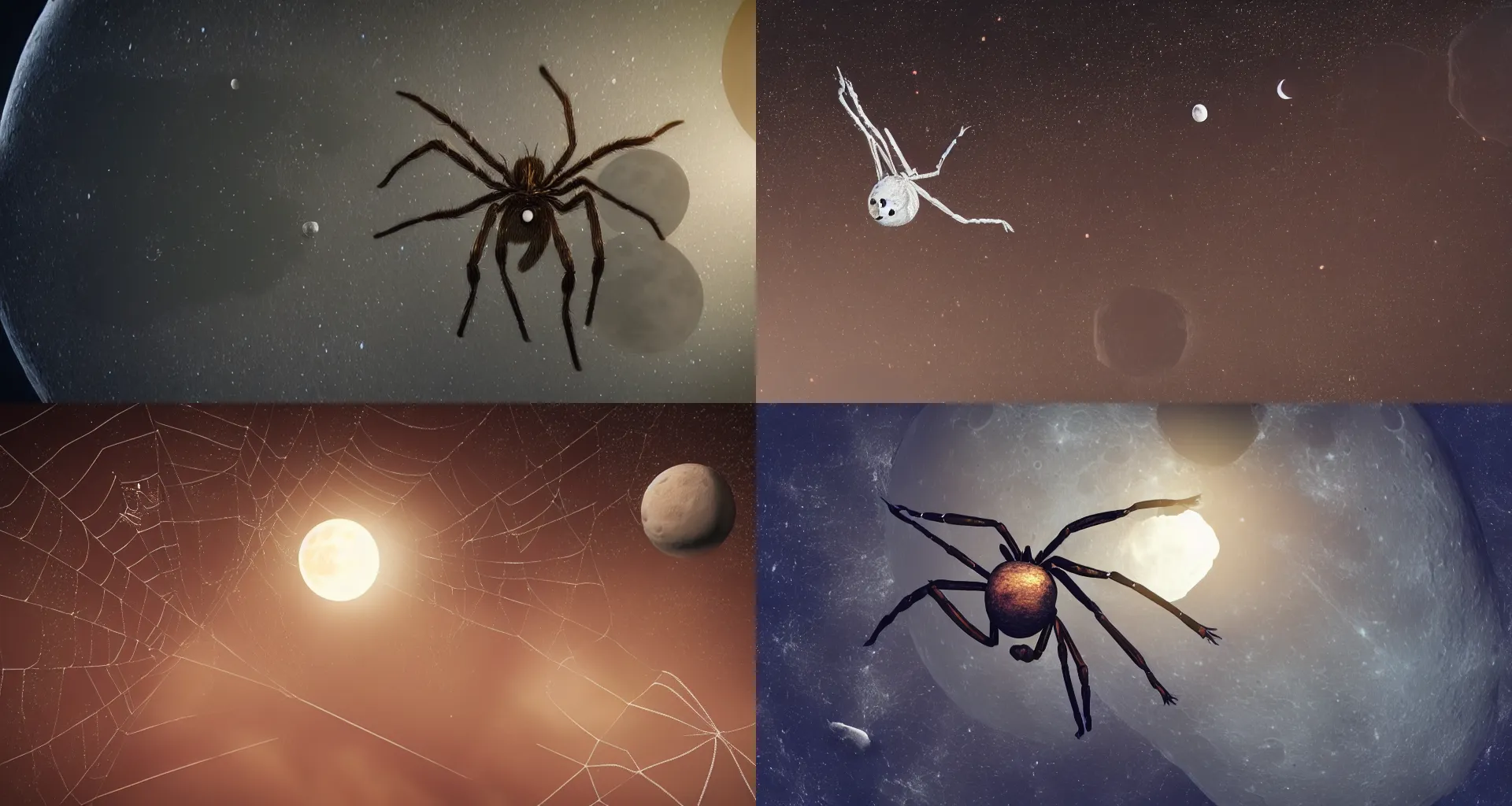 Prompt: a spider in space with the moon for her abdomen, octane render, realistic lighting