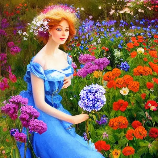 Image similar to a portrait of a romantic woman with flowers grow out of hair, roses peonies forget-me-nots dahlias lupins gladioli, sky theme in background, by Alexandr Averin, Digital Art, Trending on artstation