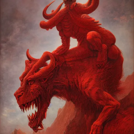 Image similar to a photographic portrait of a scarlet - colored beast with seven ( 7 ) heads and ten ( 1 0 ) horns by gustave dore and stephen hickman and allen williams, trending on artstation, cgsociety, 4 k hd, earthtone colors, a woman riding the back of the beast