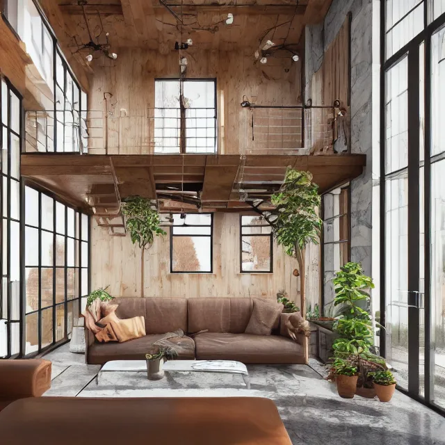 Prompt: post and beam a - frame interior, tall ceilings and loft, caramel leather couch, vintage fridge, large window in back with fall foliage, many plants hanging, marble countertops, spiral staircase, realistic, unreal engine render, octane render, hyper realistic, photo, 8 k