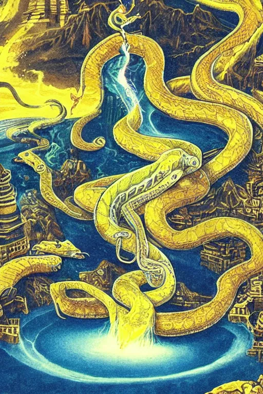 Prompt: A snake god the size of a city, with a gleaming crown of gold. The snake is crying a waterfall into a lake.