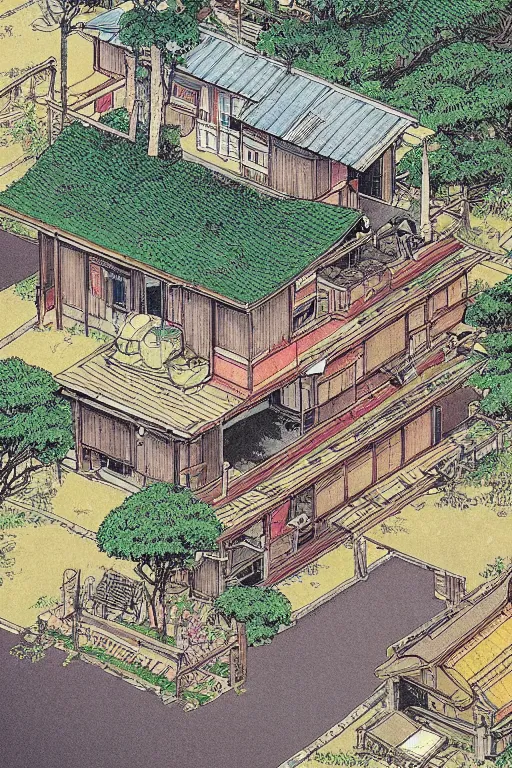 Image similar to beautiful anime illustration of a rural japanese home, by moebius, masamune shirow and katsuhiro otomo