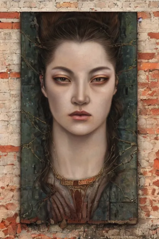 Prompt: beautiful oil painting of a wanted poster for a gorgeous female fugitive by chie yoshii, full body portrait, crumbling brick wall, symmetrical face, dramatic lighting