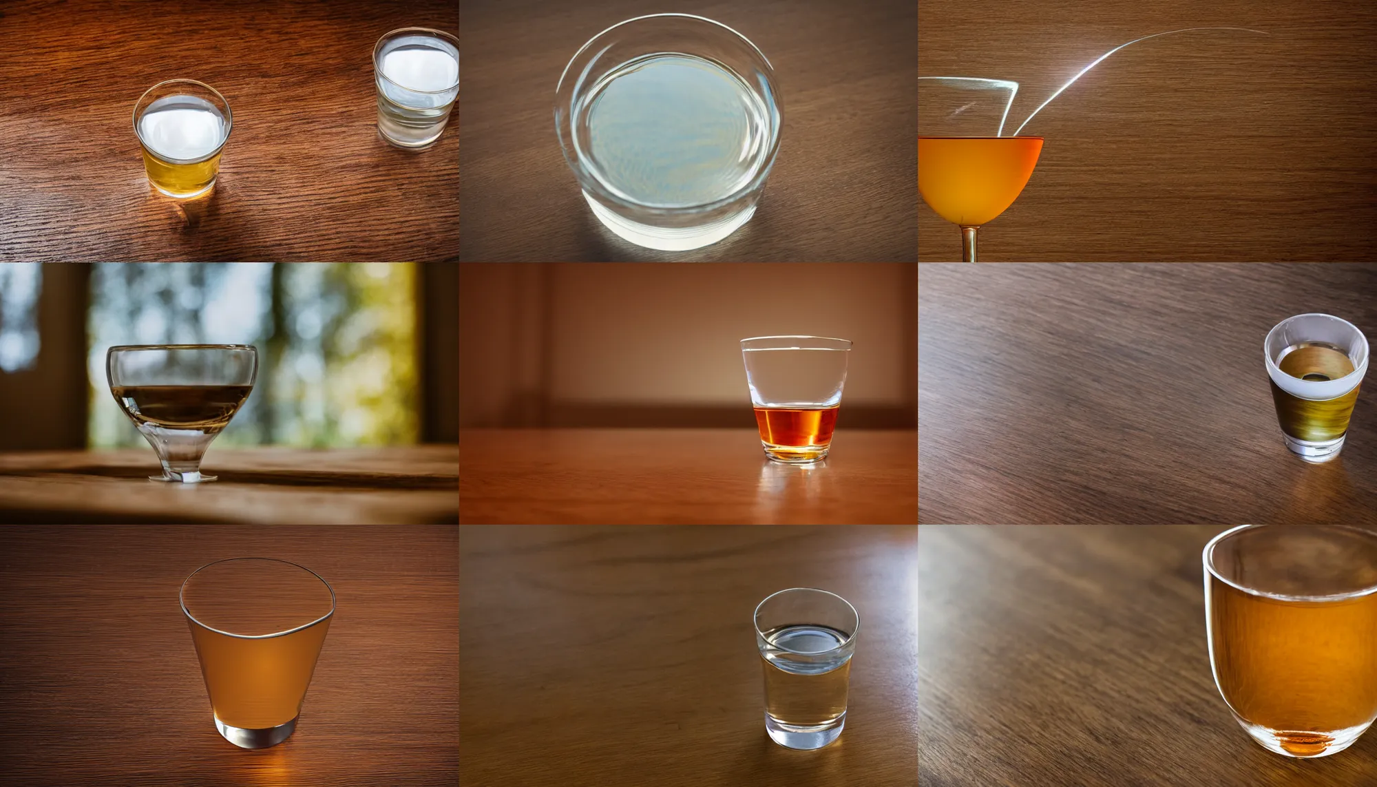 Prompt: light refraction of a glass cup on a wooden table