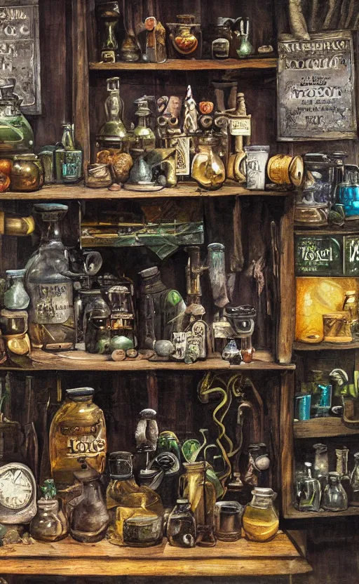 Image similar to potions Wizarding workshop, black cauldron boiling, herbs, potions in bottles, toad, matte painting, oil on canvas