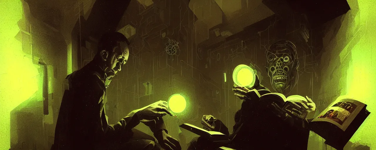 Image similar to duotone dark scifi illustration 3 / 4 portrait of hp lovecraft reading necronomicon. cinematic lighting mad scientist style. golden ratio accidental renaissance. by sachin teng and sergey kolesov and ruan jia and heng z. graffiti art, scifi, fantasy, hyper detailed. octane render. concept art. trending on artstation