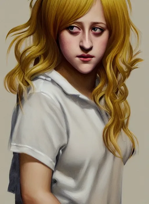 Image similar to full body portrait, teenage lili reinhart, blonde hair, obese, bangs, ponytail, sultry, realistic, sultry, fluffy bangs, shirt, curly bangs, fat, belly, intricate, elegant, highly detailed, digital painting, artstation, concept art, smooth, sharp focus, illustration, art by wlop, mars ravelo and greg rutkowski