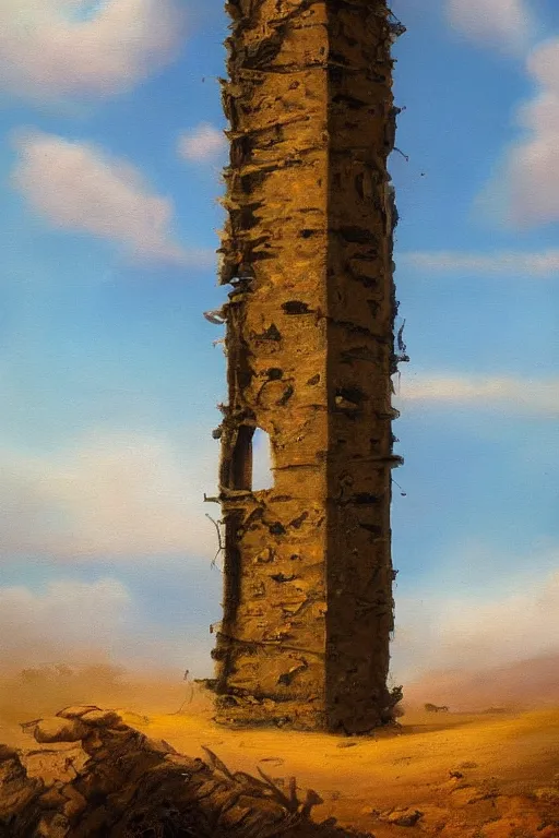 Prompt: an oil painting of an old decaying tower in the middle of a vast desert, fantasy, hyper realistic, atmospheric lighting, 8k,