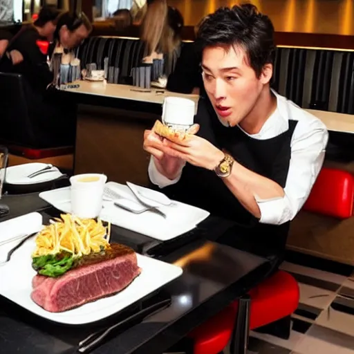 Image similar to a famous hollywood personality, eating wagyu steak at a macdonalds restaurant