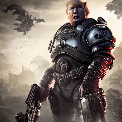 Prompt: Photo portrait of Donald Trump as Crusader Patriot Knight in Gears of War, splash art, movie still, detailed face, photorealistic facial features, cinematic lighting, dramatic, octane render, long lens, shallow depth of field, bokeh, anamorphic lens flare, 8k, hyper detailed, 35mm film grain