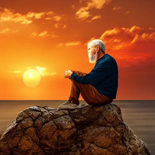 Prompt: old man sitting on a rock and watching beautiful sunset, long beard, warm colors, sea view, silhouette, trending in artstation, soft light