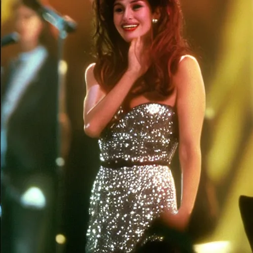 Prompt: Julia Roberts as Selena singing!! on a stage, 1995 movie, cinematic, beautiful, elegant, symmetrical!! face