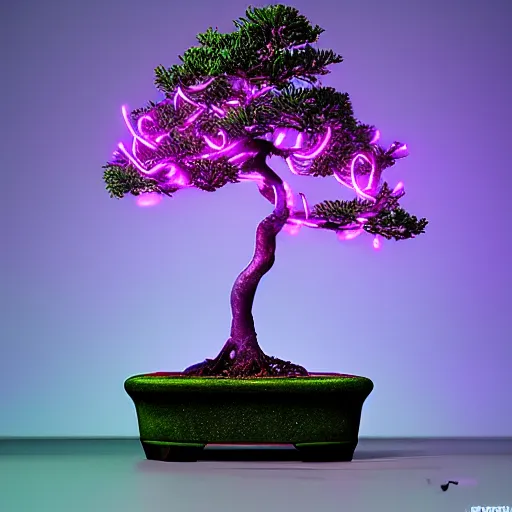 Prompt: a bonsai with neon lights, photo studio, artstation trend, HDR