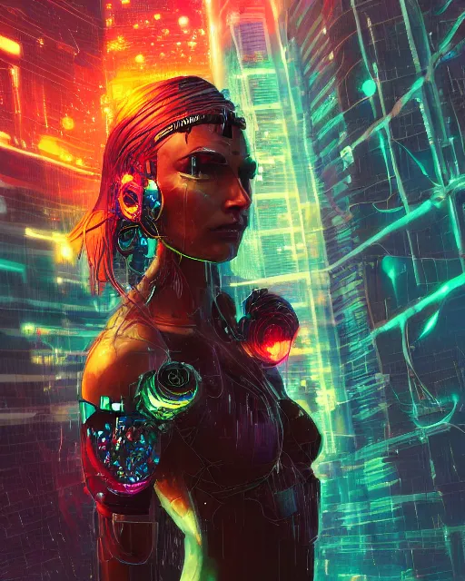 Image similar to a cyberpunk close up portrait of cyborg greek goddess, electricity, sparks, bokeh, soft focus, sparkling, glisten, water drops, cold, dark, geometric, temples behind her, by paul lehr, jesper ejsing